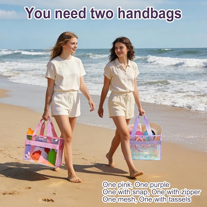 2-Piece 26L Iridescent Beach Bags for Women,Purple Beach Tote Bag & Pink Clear Tote Bag, Large Waterproof Beach Bags for Family Summer Travel Essentials