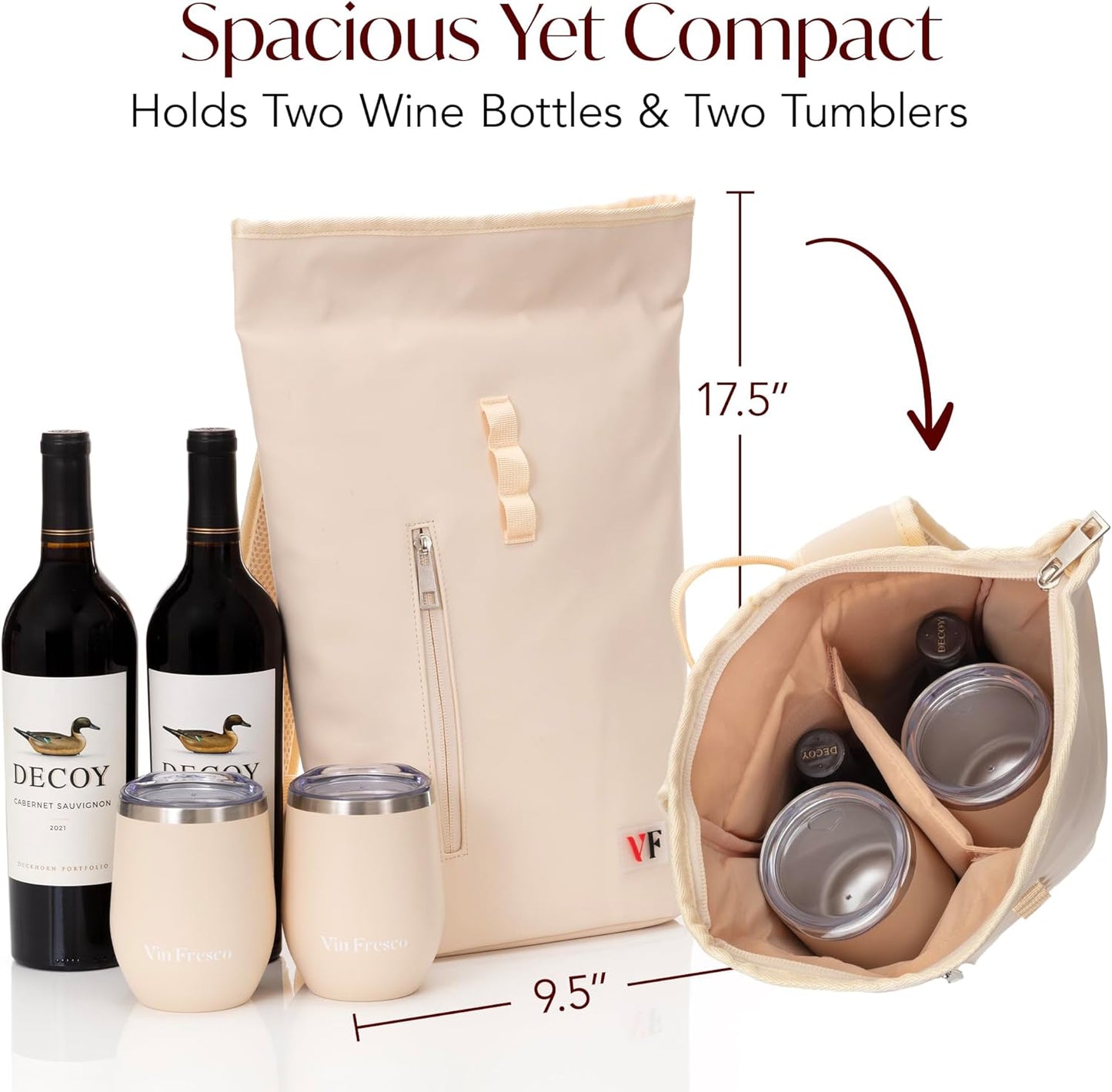 Two Bottle Rolltop Wine Tote Bag – Stylish PU Leather Wine Backpack with Matching Tumblers – Compact & Lightweight Wine Carrier with Padded Straps & Compartments for Travel & Picnics - Beige