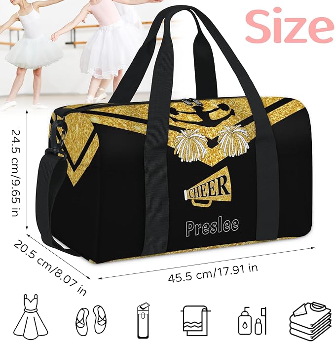 Personalized Cheerleader Bag with Name, Custom Small Sport Duffel Weekender Bags Travel for Gym Dance Trip Outdoor Activities, Yellow Glittering Black Cheerleading Team