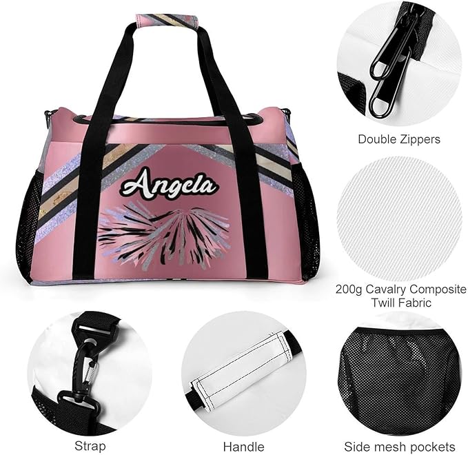 Personalized Sports Bag Name Duffel Bags with Adjustable Shoulder Strap Pink Cheer Rose Red Cheerleaders Travel Bags Perform Training Weekender Bag