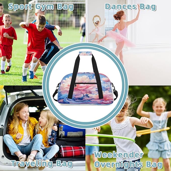Sports Duffel Bags, Pink Peony Blue Water-Resistant Gym Duffle Bag for Men Women, Lightweight Weekender Overnight Bag for Fitness, Workout, Travel