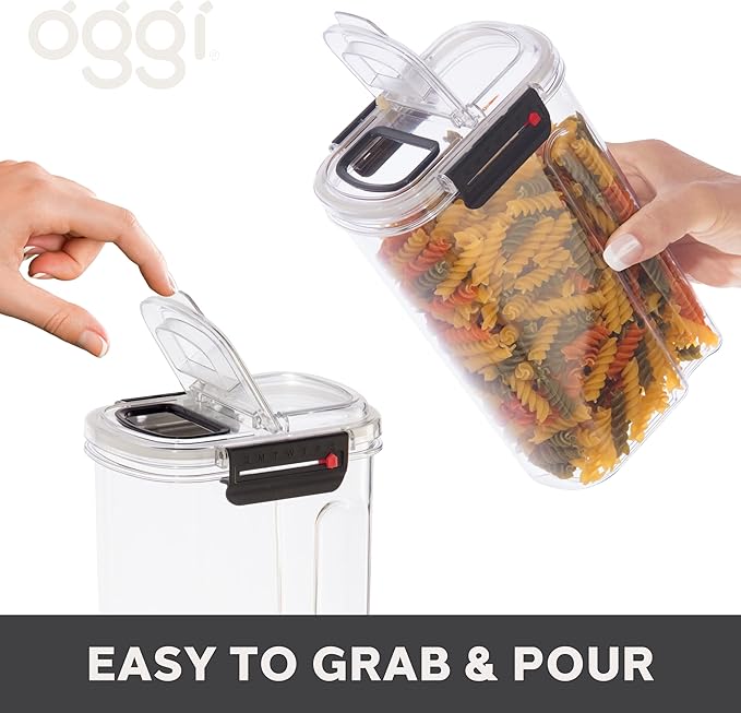 Oggi Easi Grip 57oz Moisture Proof Storage Container, Ultra Clear BPA-Free Sealable Canister, Flip Open Pouring Lid, Date Reminder Slider on Clip, Ideal Cereal Dispenser (57oz / 1.7lt)