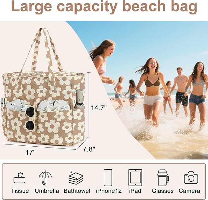 LEDAOU Beach Bag Waterproof Sandproof Women Beach Tote Pool Bag with Zipper for Swim Gym Grocery Travel with Wet Pocket | Sandproof, with Zipper, for Gym, Grocery, Travel, with Wet Pocket
