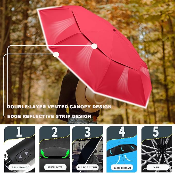 MRTLLOA 42/49 Inch Compact Travel Essentials Umbrella for Rain, Lightweight, Portable, Automatic, Strong, Waterproof Folding Umbrellas for Women, Men and Teenagers