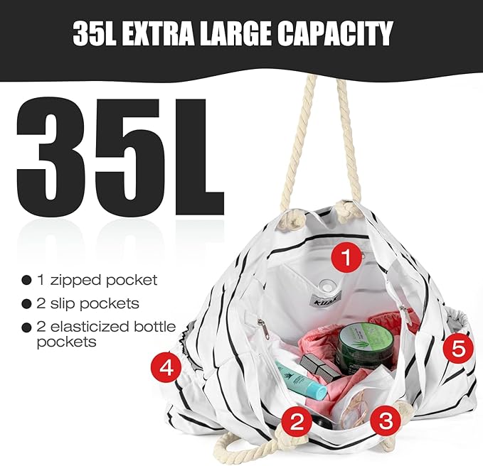 KUAK Beach Bag, Large Beach Bags for Women Waterproof Sandproof Beach Tote Bag with Zipper and Pockets for Pool Family