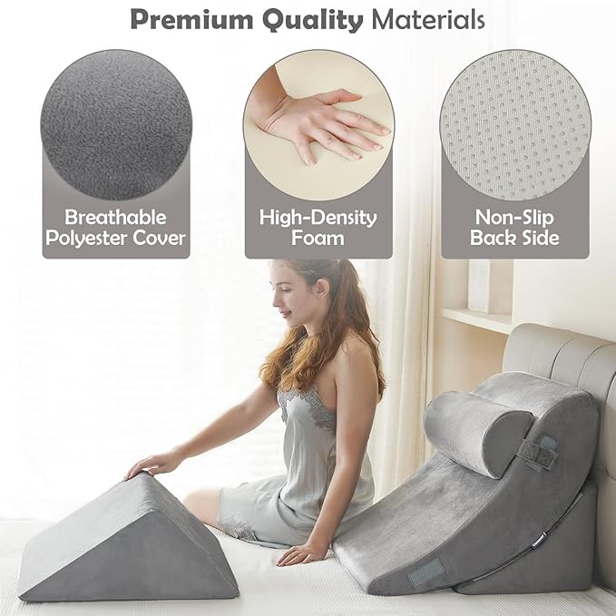 4pcs Orthopedic Bed Wedge Pillow Set Post Surgery Relaxing Back Adjustable Head Support Cushion Triangle Memory Foam Pillow for Acid Reflux Sleeping Reading Leg Elevation Snoring (Light Grey, 4PCS)