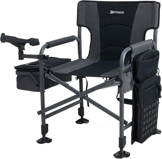 X Strike Fishing Chairs with Rod Holder, Folding Ice Fishing Chair for Adults Outdoor Camping Chair Leg Adjustable with Cooler Bag and Storage Bag for Camp, Lawn, Patio, Garden (Black)