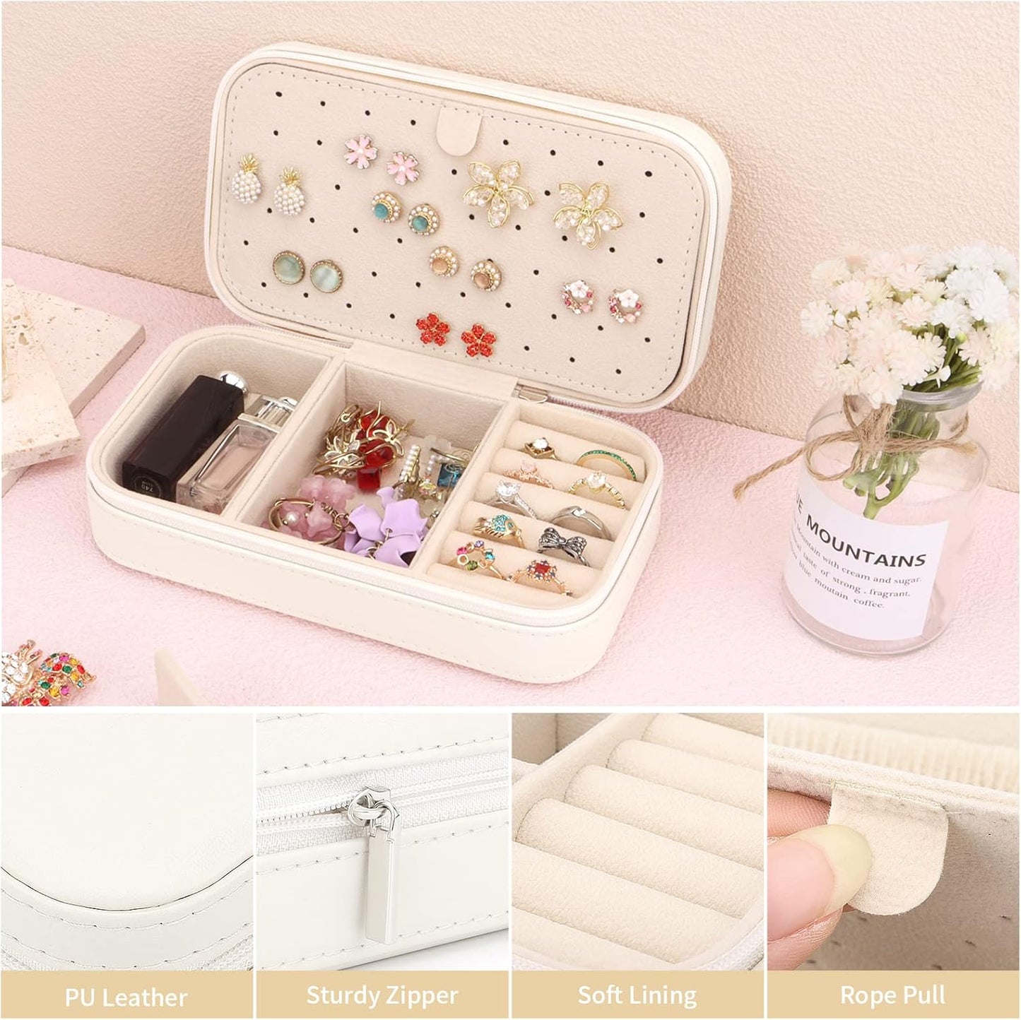 DesignSter Travel Jewelry Box, PU Leather Portable Jewelry Case, Small Jewelry Boxes for Gifts, Travel Jewelry Organizer for Women Rings Earrings Necklaces Bracelets (Beige)