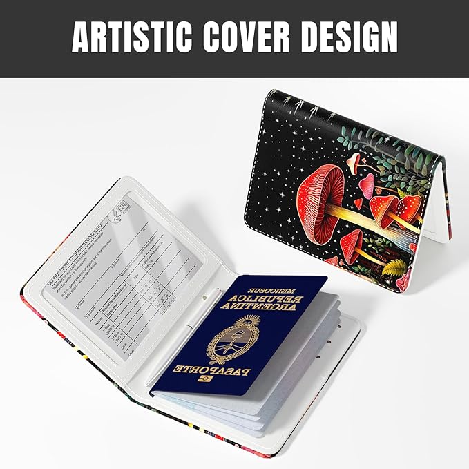 Rimilak Passport Holder, RFID Blocking Passport Cover Wallet Travel Essentials, Leather Travel Air Ticket Documents Organizer Protector for Women and Men, Red Mushroom