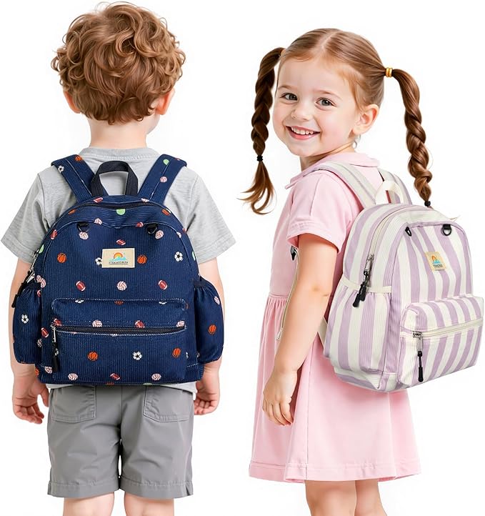 STEAMEDBUN Corduroy Toddler Backpack for Girls 2-4: Kids backpack for Boys Girls - 12 inch Preschool Kindergarten Backpacks - Stripe