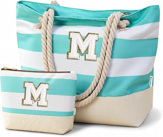 Vavabox Initial Beach Tote Bag for Women, Water-resistant Foldable Travel Beach Bag Set, Birthday Gifts for Women Mom