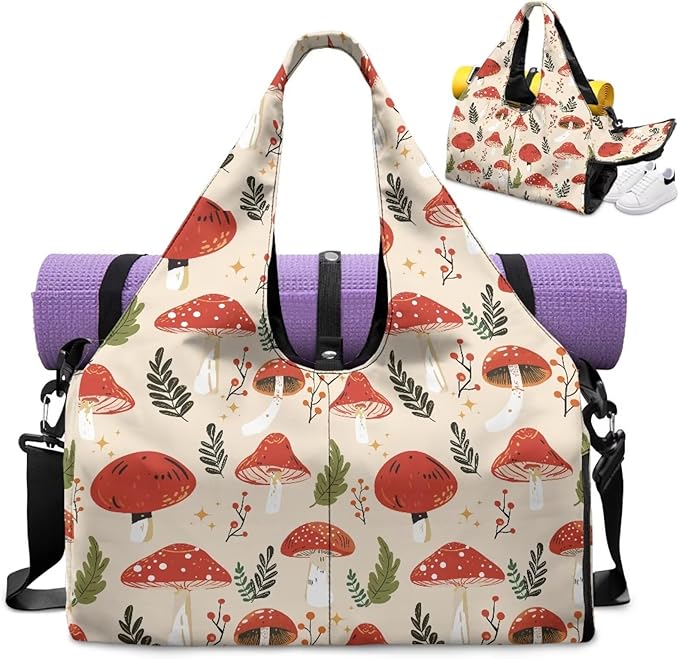 Mushroom Sports Bag with Shoe Compartment and Yoga Mat Holder Red for Women, Portable Gym Bag with Wet Pocket Waterproof Fitness Workout Sports Bag
