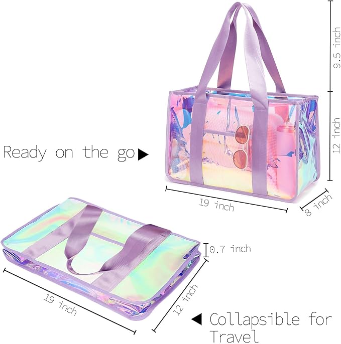 Iridescent Clear Beach Bag for Women, Large Pool Tote Cruise Vacation Essentials - Waterproof, Zipper Closure