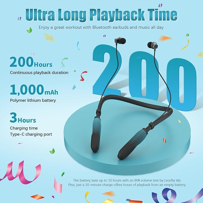 Neckband Bluetooth Headphones, 200H Extra Long Playtime Wireless Stereo Neckband Earbuds with Microphone, Waterproof Balanced Armature Drivers in Ear Headset for Sports/Workout (Cyan Green)