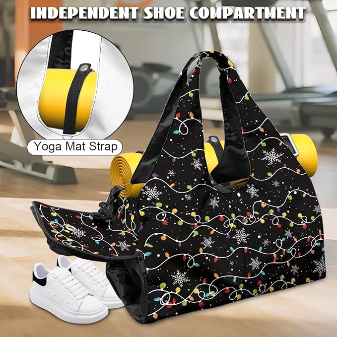 Christmas Lights Snowflake Women's Fashion Gym Bag with Shoe Compartment Travel Duffel Bags for Beach Swim Personal Item Bags Men Women Overnight Weekender Christmas Bag