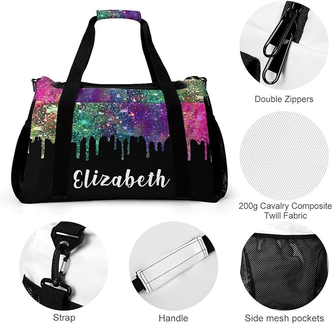Custom Handheld Crossbody Travel Bag Colorful Black Sequin Glitter Print Lightweight Gym Bags Duffel Bag with Name Adjustable Shoulder Strap Backpacks