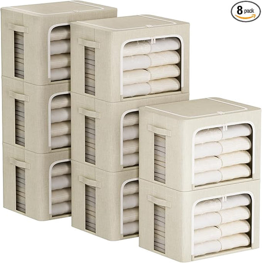 FHSQX 8 Pack Clothes Storage Bins - Foldable Storage Bins for Clothes Fabric Storage Box with Metal Frame (Beige, 19.7x15.7x13.8 inch)