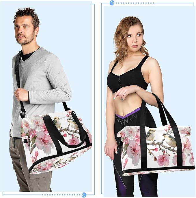 Travel Duffel Bags for Women Watercolor Birds on Pink Flower Branch Sports Duffel Bags Gym Bags with Shoes Compartment Tote Bag Weekender Bag for Travelling