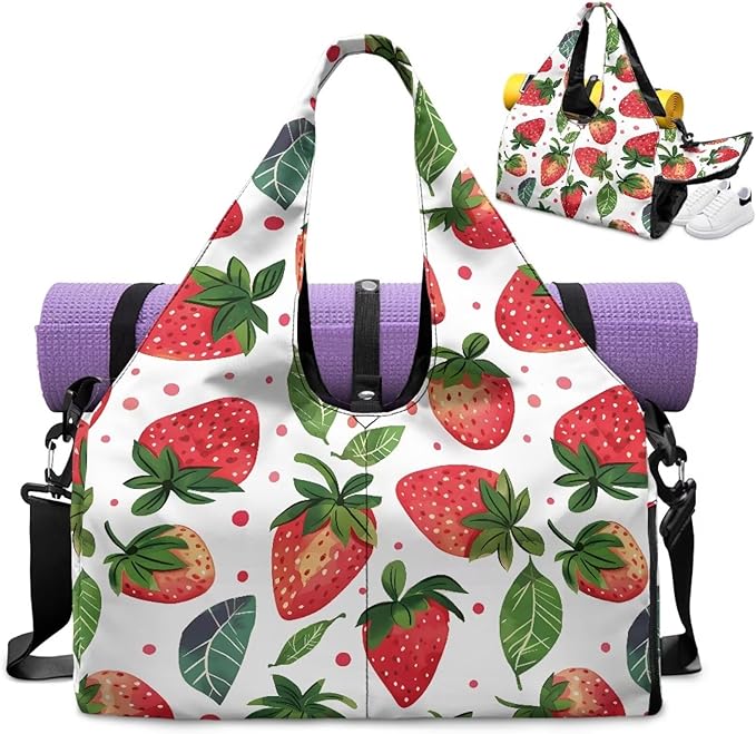 Gym Bag Women Strawberry Note Workout Bag with Shoe Compartment, Wet Pocket,Travel Tote Bag with Mat Carrier, Waterproof Overnight Bag Carry On Weekender