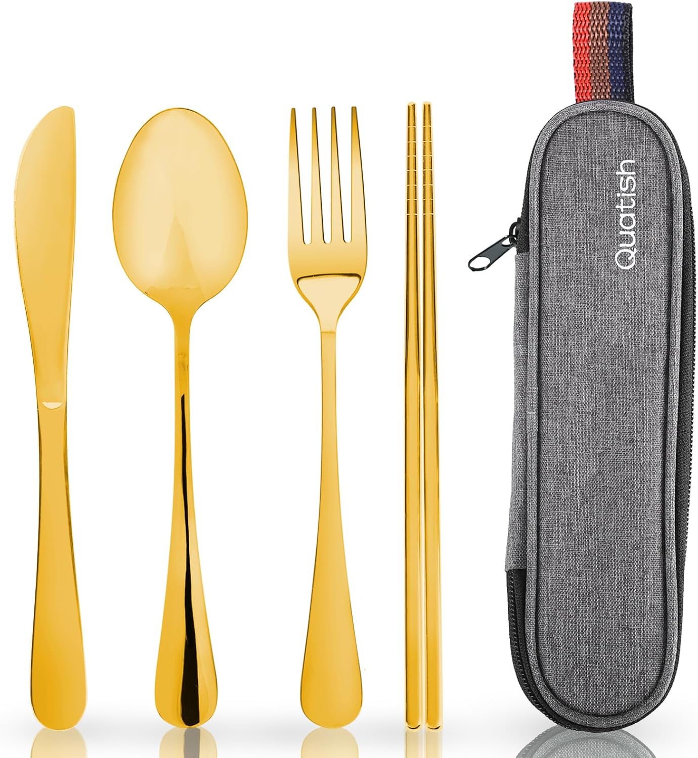 Travel Utensils with Case, Quatish Portable Silverware Set for Work, Stainless Steel Reusable Travel Cutlery Set, Fork and Spoon Set for Camping, Picnic, Gadgets, Lunch Box for Men, Gold