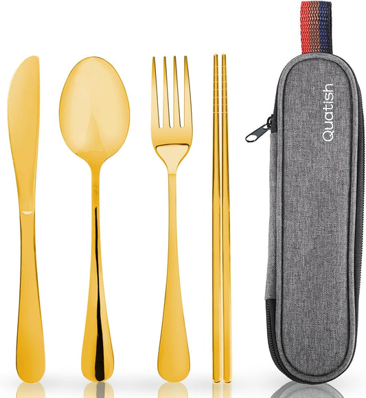 Travel Utensils with Case, Quatish Portable Silverware Set for Work, Stainless Steel Reusable Travel Cutlery Set, Fork and Spoon Set for Camping, Picnic, Gadgets, Lunch Box for Men, Gold
