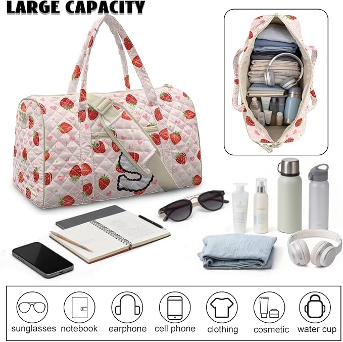 COEQINE Women Vintage Floral Gym Bag for Travel Pink Strawberry Initial Name A-Z Personal Item Travel Bag Quilted Duffel Bags for Men Womens, Large Packable Travel Bag
