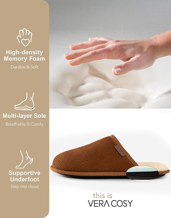 VeraCosy Men's Corduroy Scuff Slippers Soft Comfy Memory Foam Non-slip Indoor House Shoes