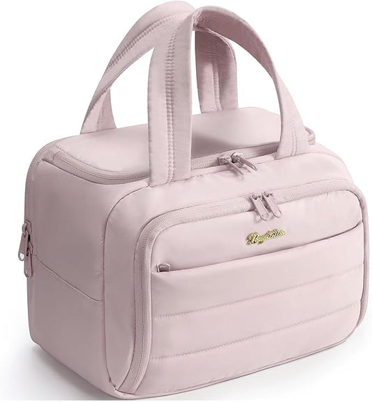 Travel Toiletry Bag for Women, Lightweight Large Quilted Puffy Makeup Bag Wide-open Make up Organizer Cloud Cosmetic Bag w/Handle for Traveling Toiletries Essentials Accessories Light Pink