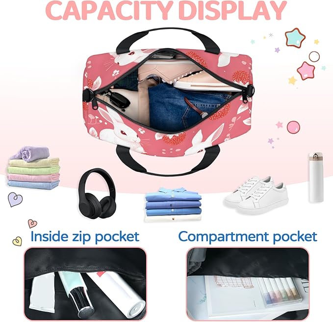 Easter Strawberries Rabbits Travel Duffle Bag for Women Men, Overnight Weekender Bag, Carry on Tote for Sport Gym