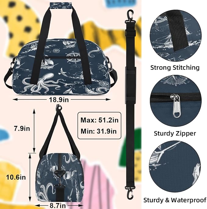 Sports Duffel Bags, Nautical Octopus Boat Water-Resistant Gym Duffle Bag for Men Women, Lightweight Weekender Overnight Bag for Fitness, Workout, Travel