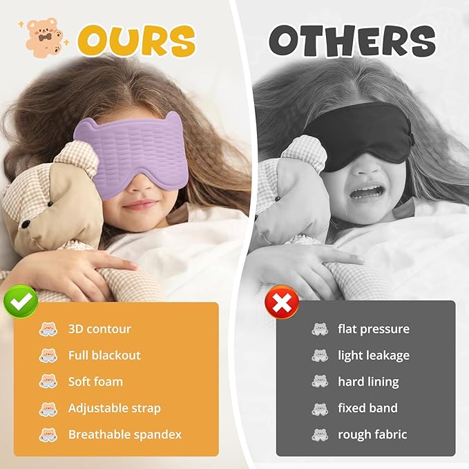 3D Kids Sleep Mask – Cute Bear Eye Mask for Sleeping, Comfortable Memory Foam Sleep Mask for Kids, Adjustable Strap and Lightweight Sleeping Mask for Boys Girls Teens Ages 5-15 (Purple)