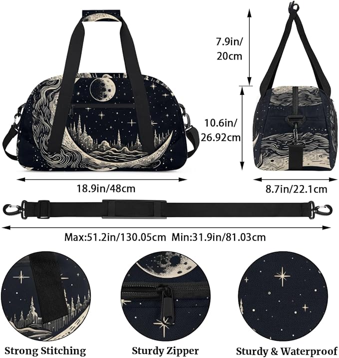 Moon Star Castle Gym Travel Duffle Bag for Women & Men with Front Zipper Pocket for Sports, Overnight, Weekender, Carry On,Workout & Dance Bag,Retro Moon,18.9 * 8.7 * 10.6 in