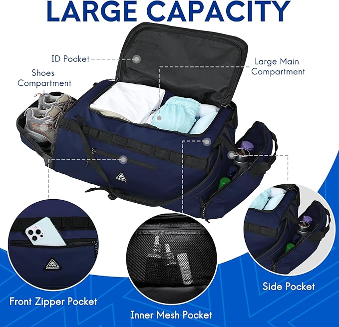 Haimont Duffel Backpack Bag 50L Water Repellent Sports Gym Bag Foldable Men Women with Shoe Compartment for Travel Hiking Camping Outdoor, Navy Blue