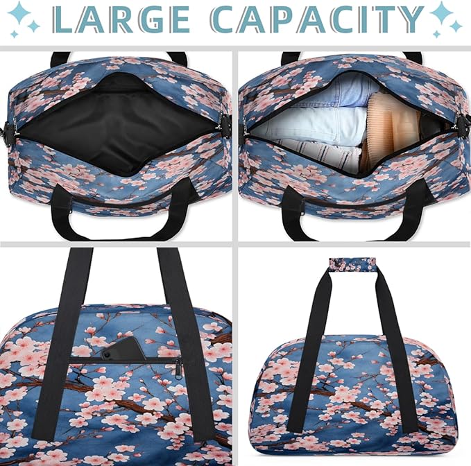 Pink Cherry Blossoms Sports Duffel Bags, Water-Resistant Gym Duffle Bag for Men Women, Lightweight Weekender Overnight Bag for Fitness, Workout, Travel