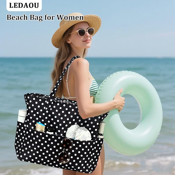 LEDAOU Large Beach Bag Women Waterproof Sandproof Zipper Beach Tote Pool Bag for Swim Gym Grocery Travel with Wet Pocket | Waterproof, Sandproof, Zipper, Pool, Gym, Grocery