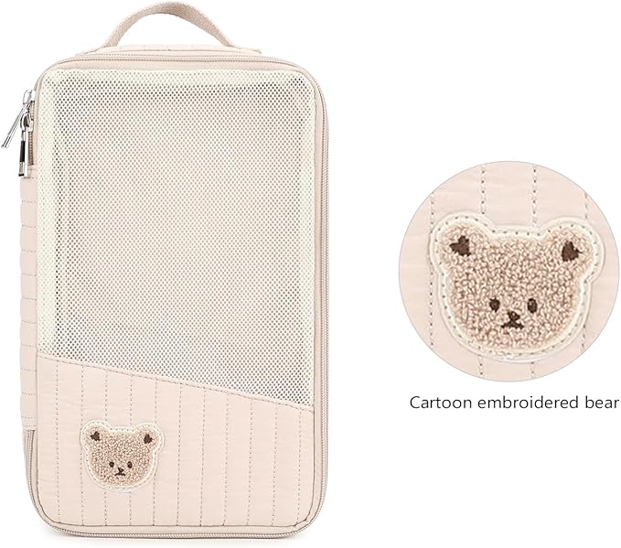 MOMIGO Baby Diaper Bag Organizer Pouches - 2 Pack Waterproof Pod Hanging Diaper Bag Cute Rabbit Bear Mesh Bag Reusable, Washable or Baby Cloth Diapers (Khaki)