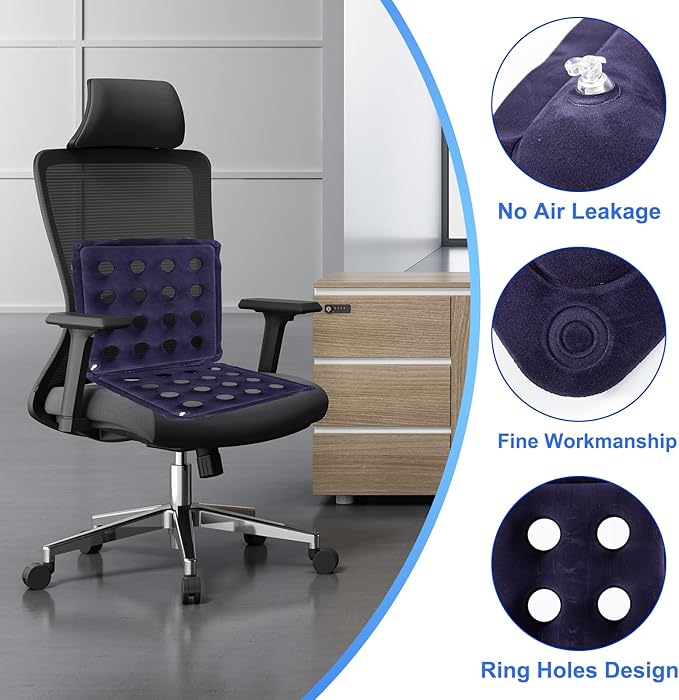 2-Pack Waffle Inflatable Seat Cushions with Pump, 18 Inch Beige 16-Hole Air Cushion for Pressure Relief, Wheelchair, Office Chair, Car Seat & Travel (Navy Blue)