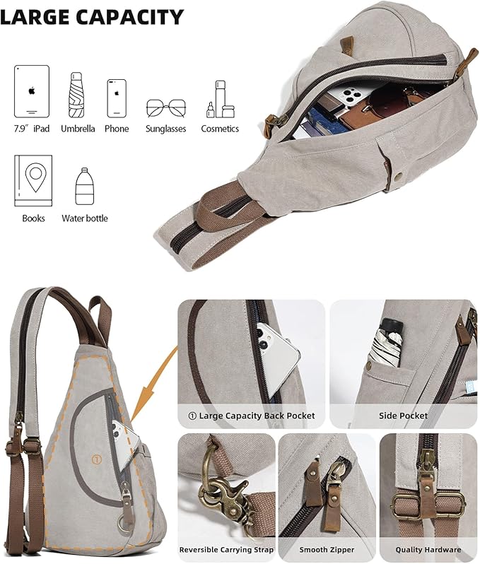 KL928 Canvas Sling Bag - Small Crossbody Backpack Shoulder Casual Daypack Rucksack for Men Women(Large Version,Leaden)