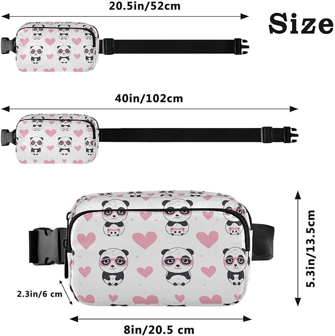 Kawaii Panda Pink Heart Glasses Fanny Pack for Women Men Water Resistant Fashion Waist Packs with Adjustable Strap Belt Bag for Travel Workout Jogging Hiking 21219057