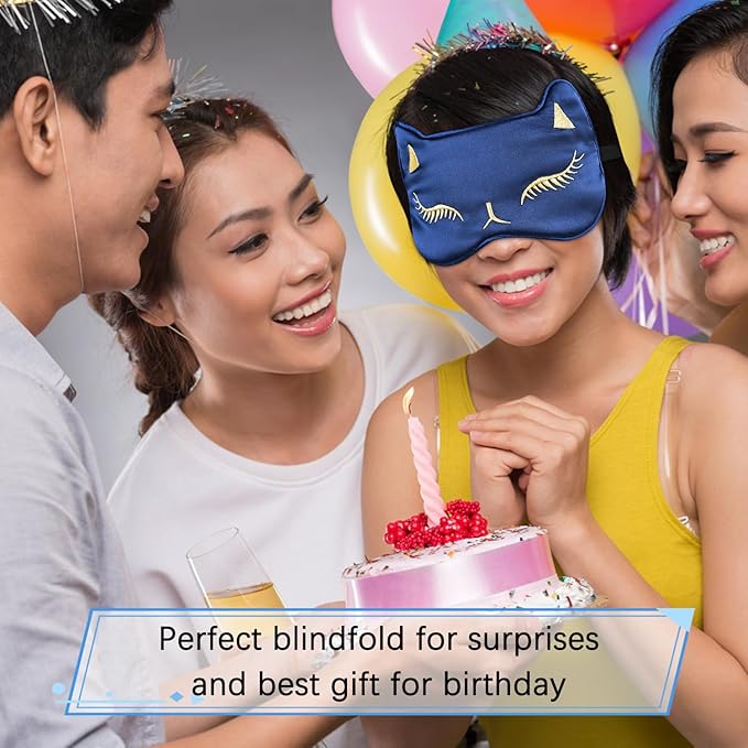 Cute Cat Silk Sleep Mask Adjustable Eye Masks Sleeping Mask Eye Cover Soft Satin Blindfold for Girls Women Men Travel Nap - Navy Blue