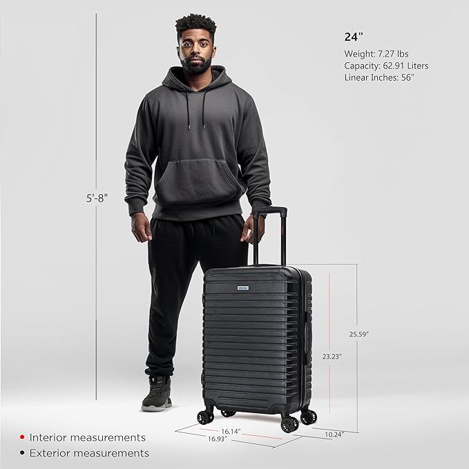InUSA DEEP Luggage with GEL Handle | Spacious Traveling Suitcases, Travel Suitcase with Dual Spinner Wheels and Studs | 24 Inch Medium Hardside Luggage | Black