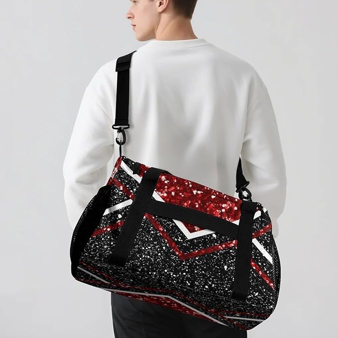 Cheer Red Black Maroon Glitter Print Waterproof Duffel Bag Adjustable Shoulder Strap Perform Training Travel Bag for Teens Adults Women Men Tote Bag