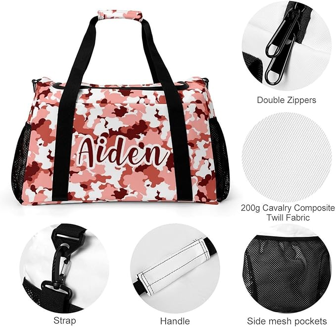 Personalized Sports Duffle Bags for Training, Red Camouflage Maroon Camo White Travel Bags with Adjustable Shoulder Strap, Custom Name Birthday Holiday Gift