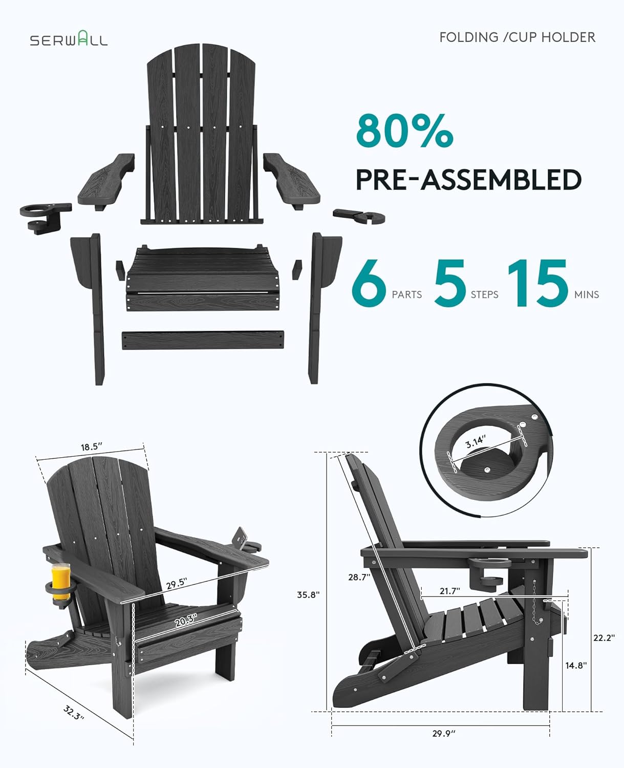 SERWALL Foldable Adirondack Chair Set of 6, HDPE Adirondack Chair with Wood-Texture-Gray