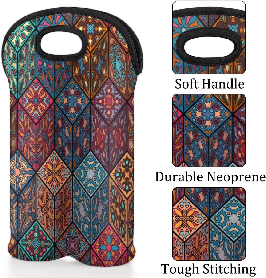 Square Mandala 2 Bottle Wine Carrier Tote Bag Insulated Wine Bottles Neoprene Bag with Secure Carry Handle Portable Wine Cooler Bag for Travel Picnic Beach