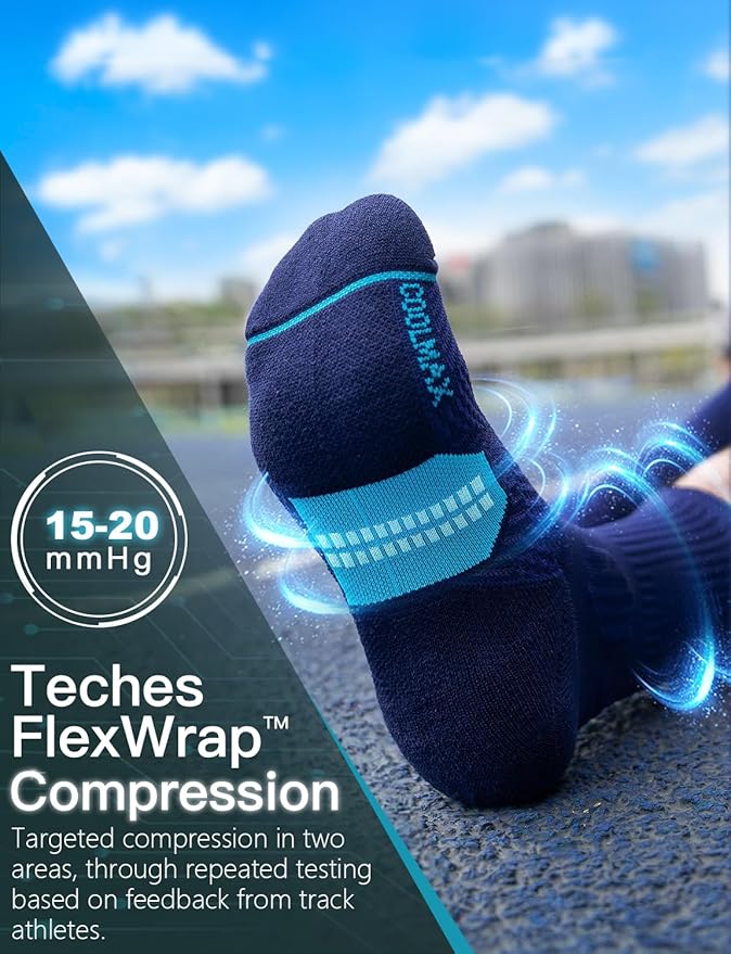 Compression Running Socks, Bamboo Viscose Coolmax Moisture-Wicking Anti-Blister Athletic Hiking Workout Gym Padded