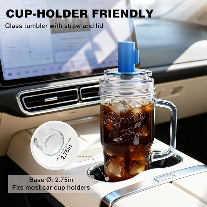 Bamboo Mason Leakproof Mason Jar Cups with Lids and Straws, 24oz Glass Tumbler with Handle, Leak-Proof Rotating Lid & Silicone Straw, Reusable Iced Coffee & Matcha Cup Set Coffee Gifts for Women -2pc