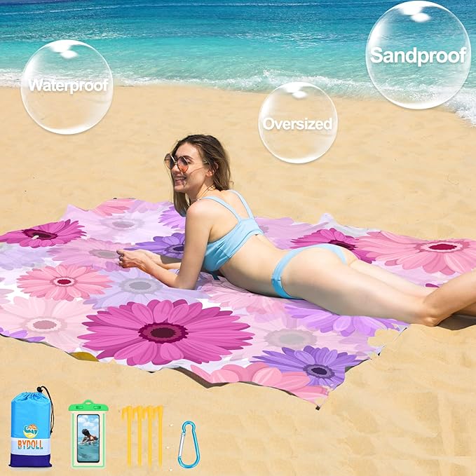 BYDOLL Beach Blanket 78''X81'' Waterproof Sandproof Suits1-4 Adults Oversized Lightweight Large Blanket Picnic Mat for Beach Sand Free Travel Camping Hiking Picnic