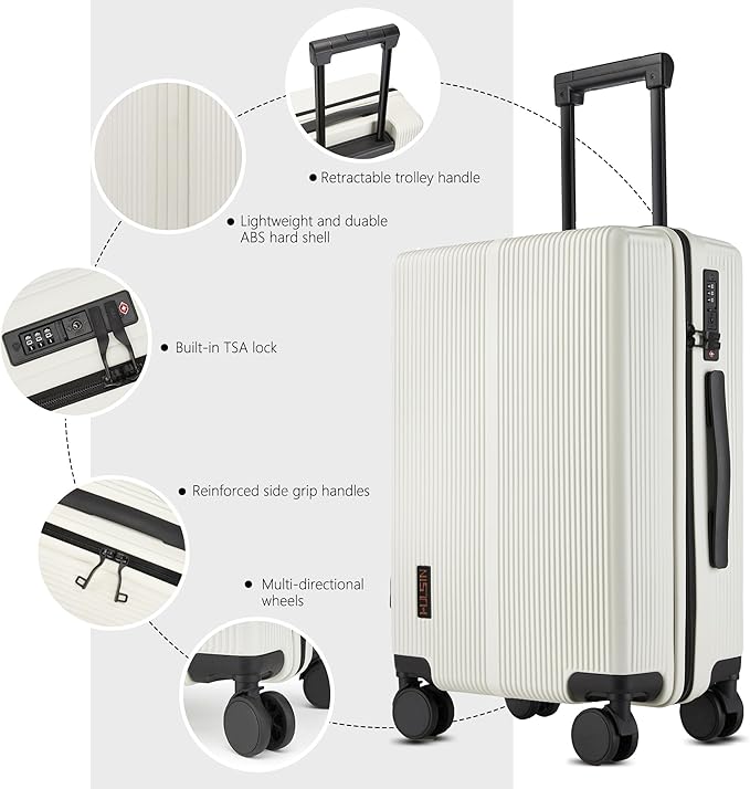 Carry On Luggage with TSA Lock, Carry on Suitcase 22x14x9 Airline Approved, Carry-on luggage with 360° Spinner Wheels, Hardside 20 Inch Lightweight Hard Shell Suitcase (White, 20-Inch)