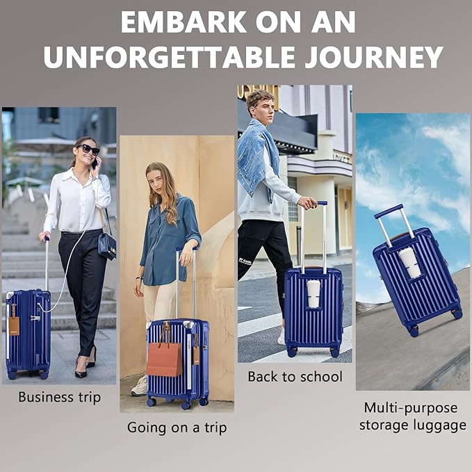 Joyway 20in Carry On Luggage with Cup Holder and USB Port, 25% Expandable Capacity, Smart Suitcase with Anti Slip Wheels and Handbag, Perfect for Men and Women 3 Piece Set Blue